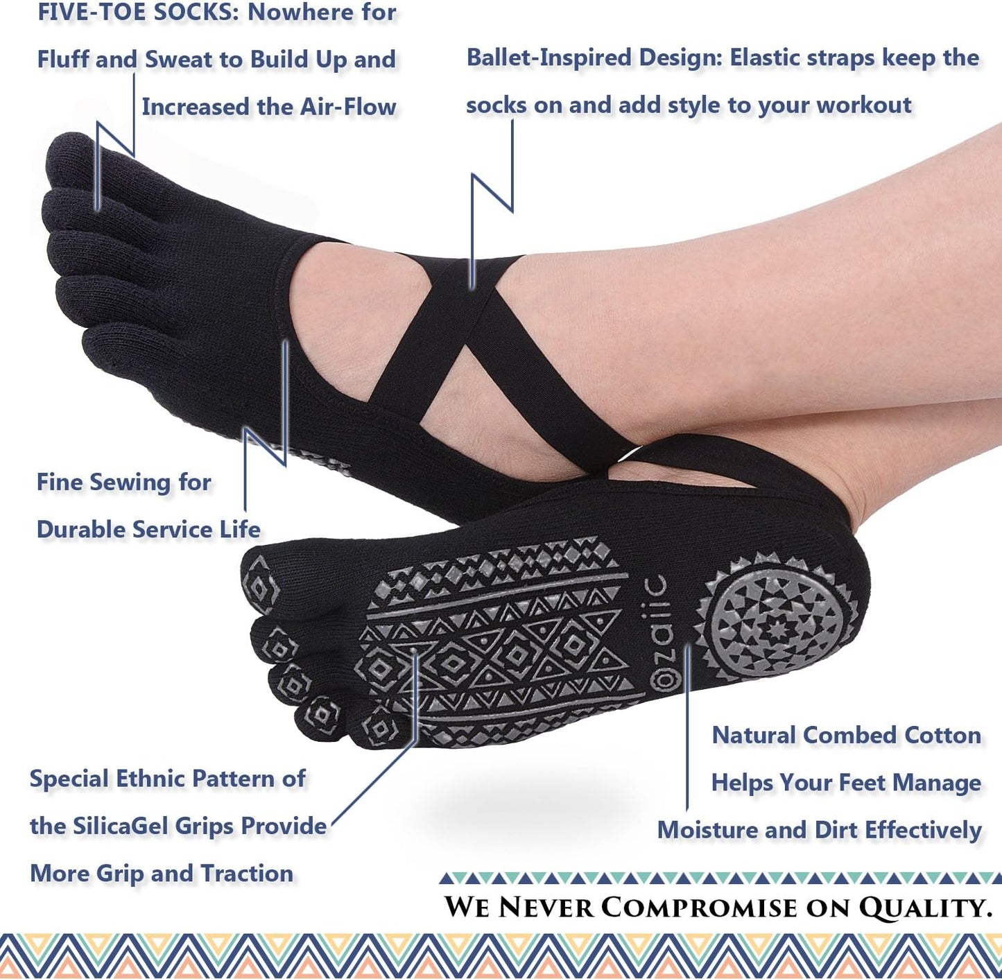 Ozaiic Yoga Socks for Women with Grips, Non-Slip Five Toe Socks for Pilates, Barre, Ballet, Fitness
