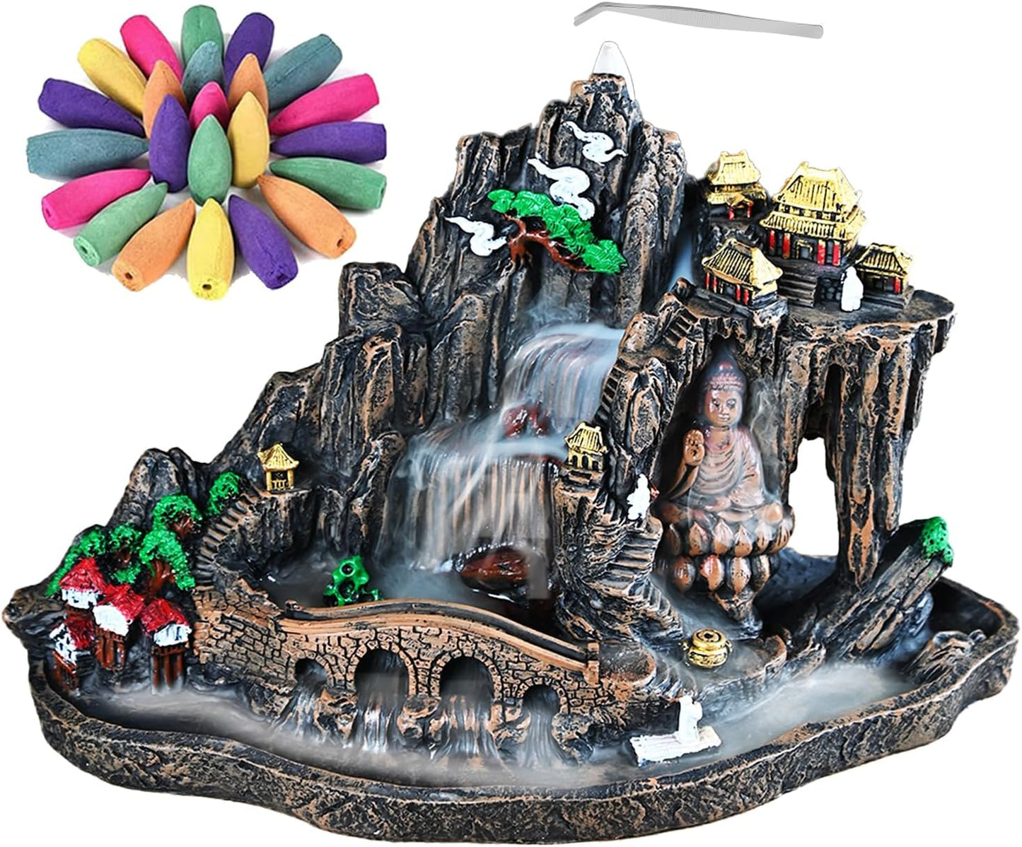 Mountain Waterfall Incense Burner，Backfall Incense Holder River, Incense Falls Meditation Decor for Room with Upgrade Incense Cones and Accessories (Mountain)