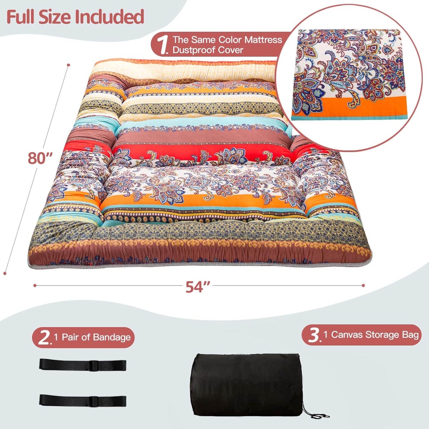 MAXYOYO Bohemian Retro Mattress Boho Floral Japanese Futon Mattress Tatami Floor Mat Foldable Portable Camping, Sleeping Pad, Lounger Couch Bed Full Size