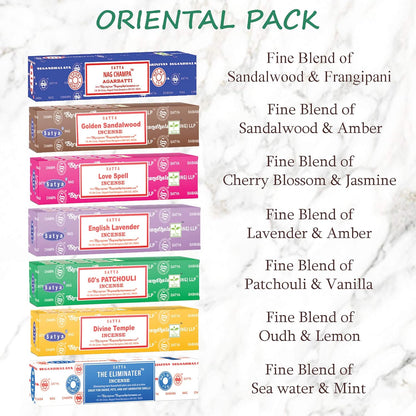 Satya Incense Gift Set Nag Champa, Super hit, Dragon's Blood, Sandalwood, Patchouli, Lavender, Positive Vibes, 15 g