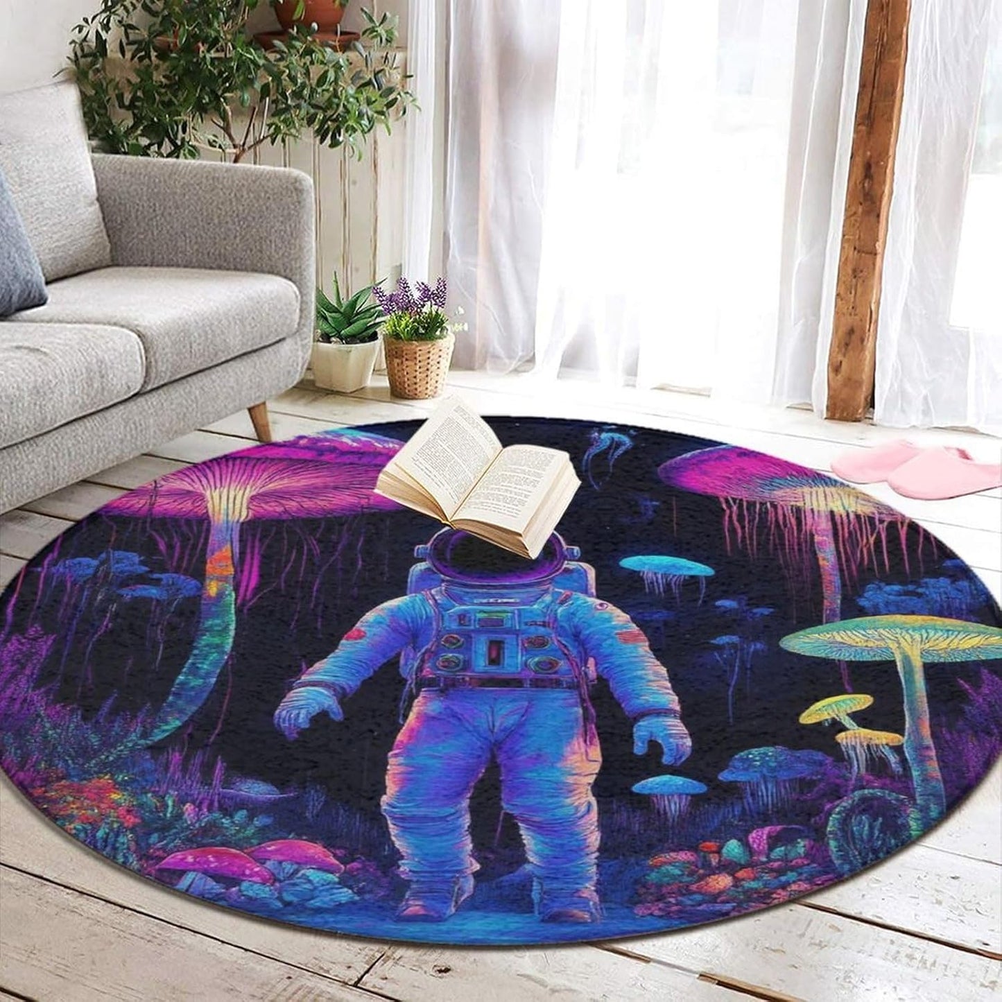 Home Decor Non Slip Kitchen Office Circle Rug, Machine Washable Modern Round Area Rug, Room Sofa Yoga Soft Round Carpet Purple Galaxy Trippy Space Astronaut Art, 36inch