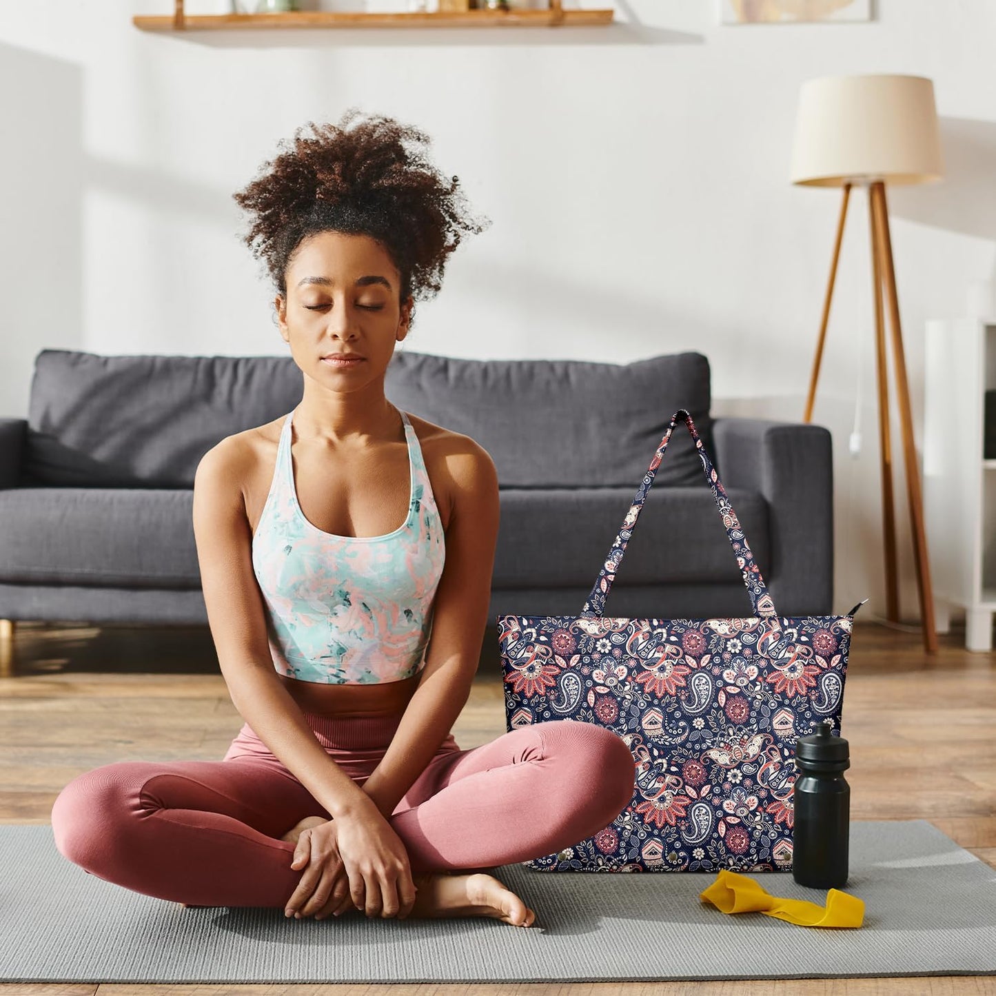 Yoga Bag for Women, Large Canvas Yoga Mat Tote Bag with Yoga Mat Carrier - Large Mat Pocket Fitness Tote for Pilates, Gym, Travel, Office & Beach