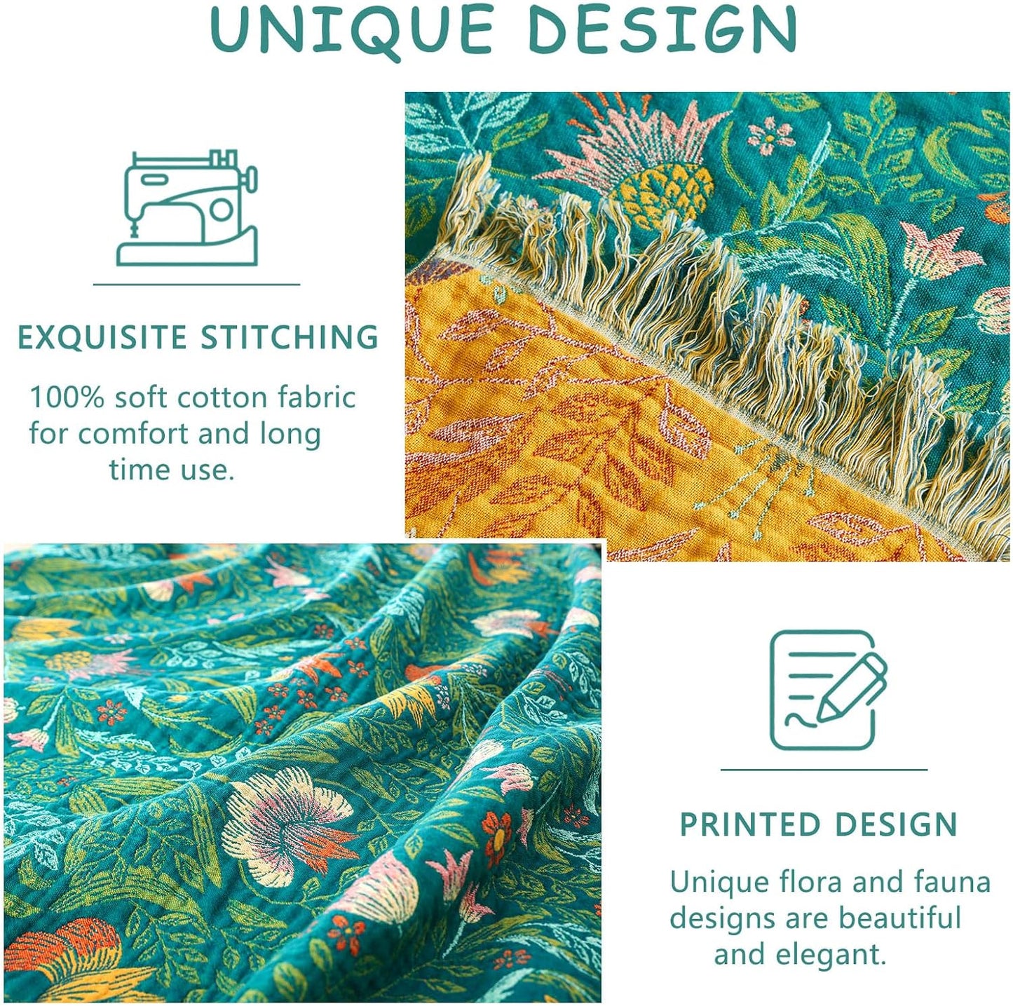 Boho Throw Blanket - 100% Cotton Soft Summer Throw Blanket for Bed, 50"x60" Reversible Breathable Lightweight Blankets, All Seasons Farmhouse Decor Floral Plant Butterfly Throw Quilt