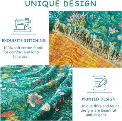 Boho Throw Blanket - 100% Cotton Soft Summer Throw Blanket for Bed, 50"x60" Reversible Breathable Lightweight Blankets, All Seasons Farmhouse Decor Floral Plant Butterfly Throw Quilt