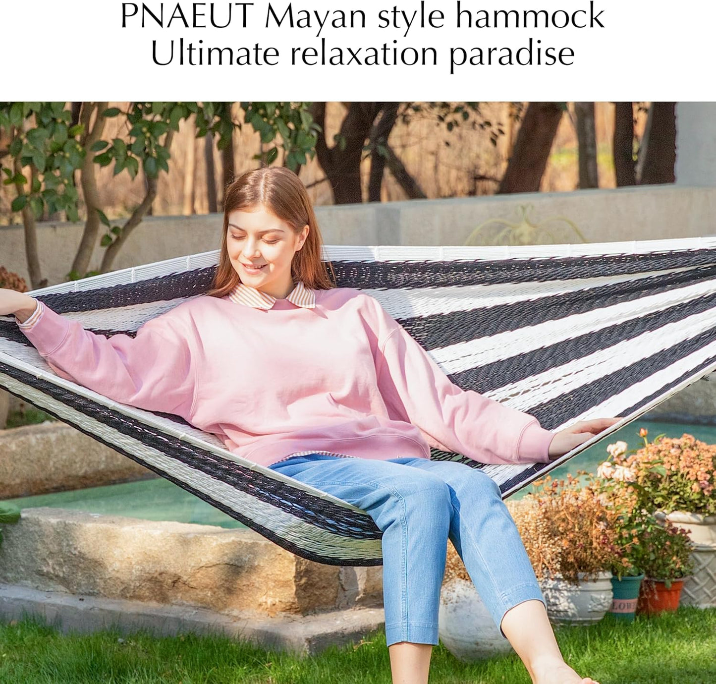 PNAEUT Handwoven Mayan Hammocks, Double Rope Hammock for Outdoor Outside & Indoor, Thick Soft 600 lbs Capacity Heavy-Duty, Includes Tree Straps, Carabiners & Carrying Bag (Nature, X-Large)
