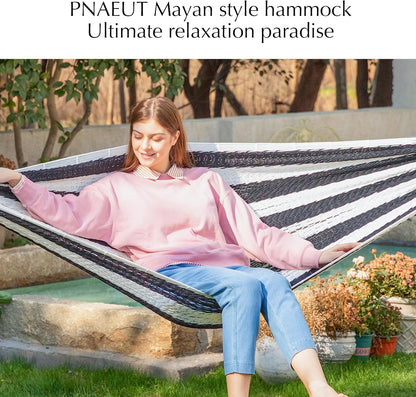 PNAEUT Handwoven Mayan Hammocks, Double Rope Hammock for Outdoor Outside & Indoor, Thick Soft 600 lbs Capacity Heavy-Duty, Includes Tree Straps, Carabiners & Carrying Bag (Nature, X-Large)