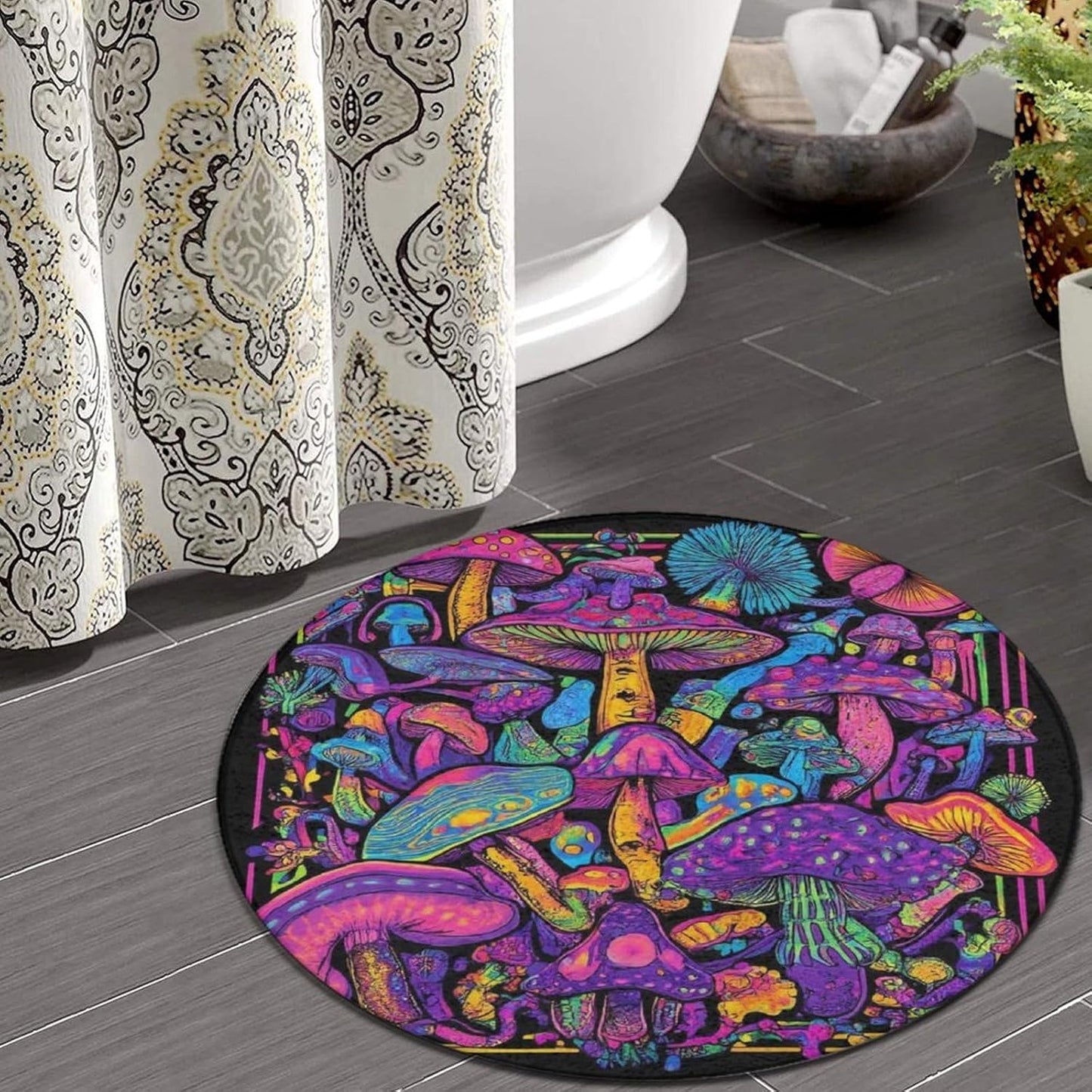 Machine Washable Modern Round Area Rug, Room Sofa Yoga Soft Round Carpet, Home Decor Non Slip Kitchen Office Circle Rug Trippy Rainbow Mushroom Tie Dye Art, 60inch
