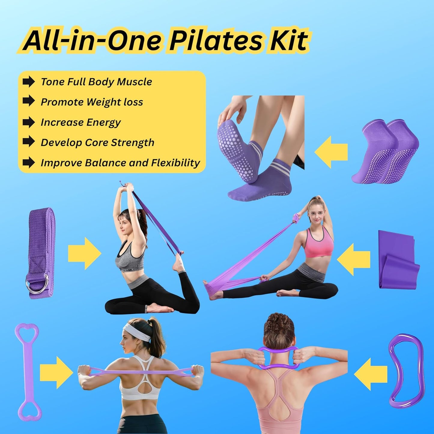 Pilates Kit for Home Workouts, 13-Pcs Pilates Essentials Kit with Ring and Ball Set, Resistance Bands, Home Pilates Equipment for Women, Starter Workout Kit for Beginners