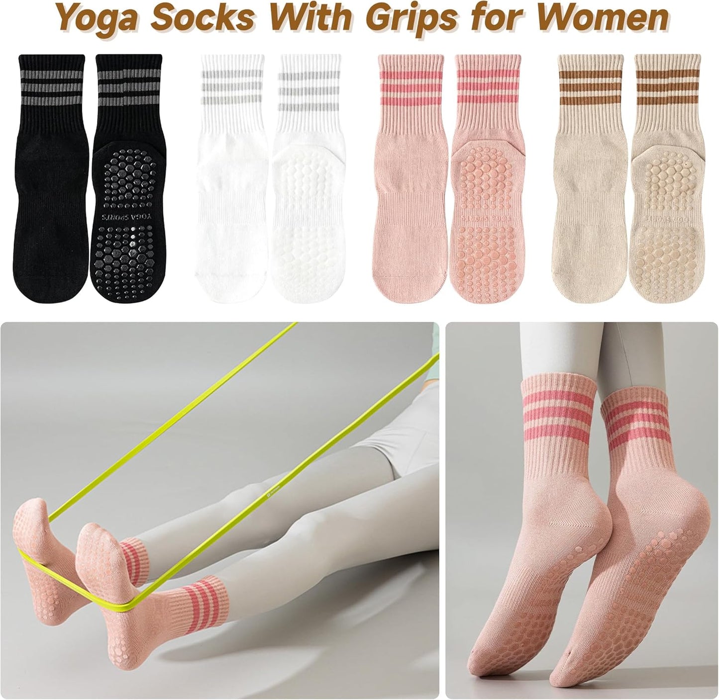 Grip Socks Pilates,4/6Pairs Cotton Cute Pilates Socks for Women, Ruffle Grippy Sock for Yoga Barre Hospital 5-10in