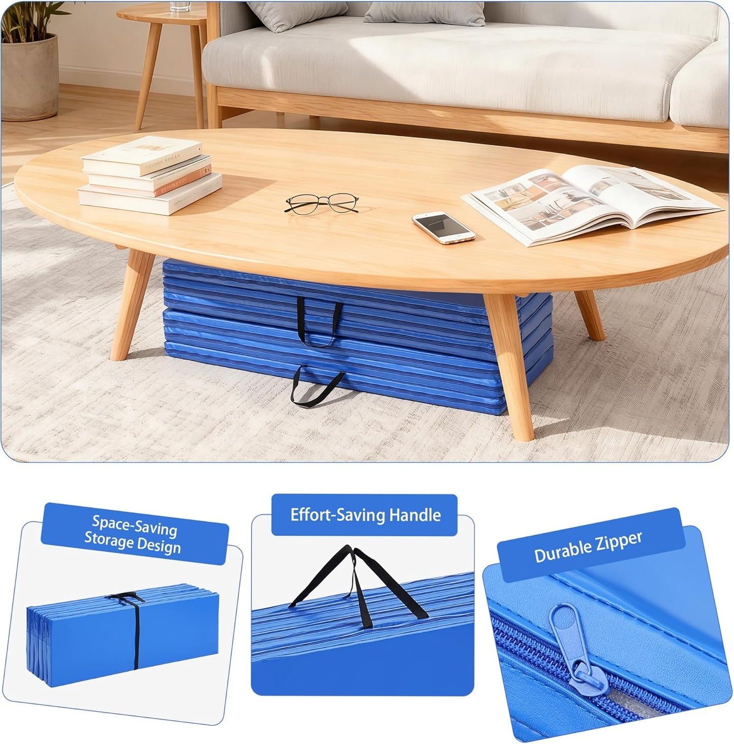 Outdoor Basic 6'x3'x2'' Gymnastics Mats Portable 4-Fold Tumbling Mat Thick Yoga Mat with PU Leather & Carry Handle for Home Workout, Yoga, MMA Core Training, Pilates