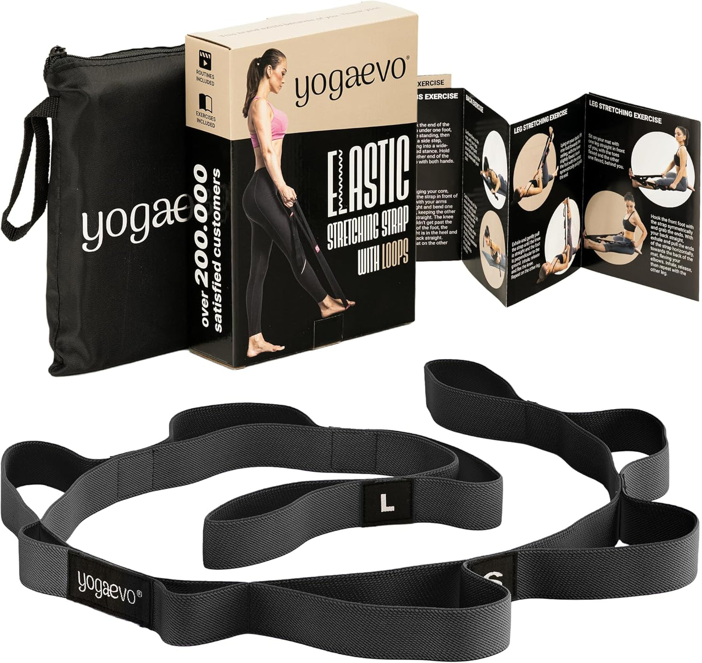 YOGA-EVO Elastic Stretching Strap with Loops for Physical Therapy - Stretch & Activate Muscles - Increase Mobility & Recovery - Soft Cotton & Spandex - Includes Carrying Pouch & Video Exercises