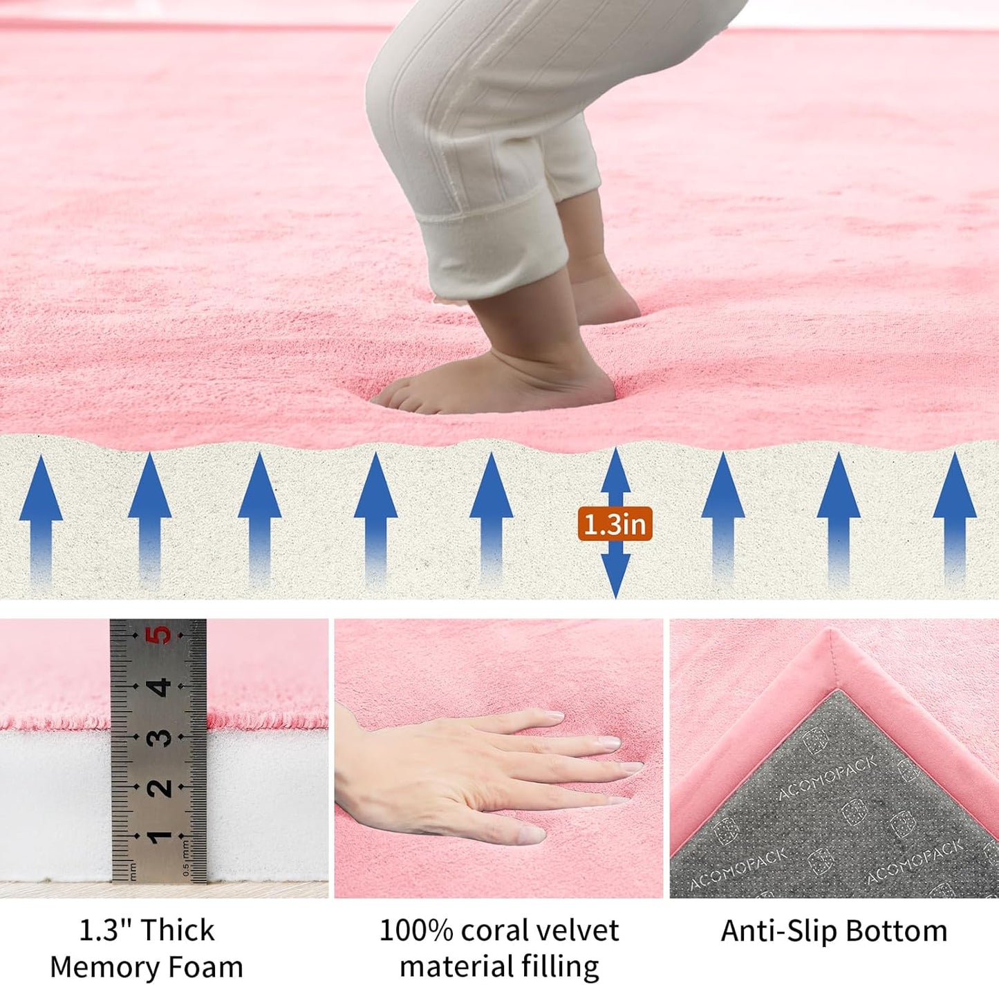 ACOMOPACK Baby Play Mat for Floor,1.3" Thick Memory Foam Area Rug for Living Room,Soft Velvet Crawling with Non-Slip Bottom for Kid,Toddler,39"×59" Tummy Time Nursery Rugs,Yoga（Light Grey）