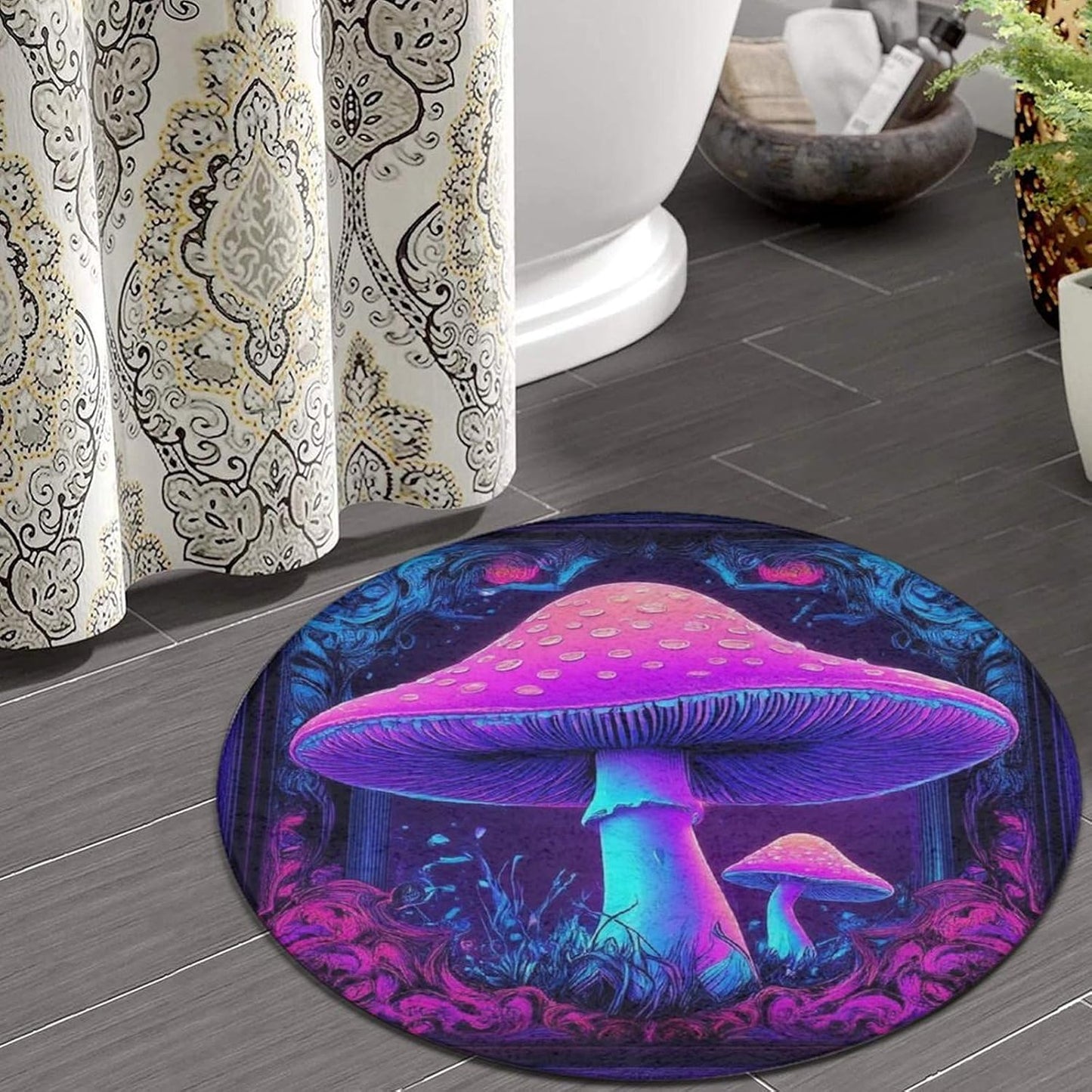 Machine Washable Modern Round Area Rug, Room Sofa Yoga Soft Round Carpet, Home Decor Non Slip Kitchen Office Circle Rug Trippy Rainbow Mushroom Tie Dye Art, 60inch
