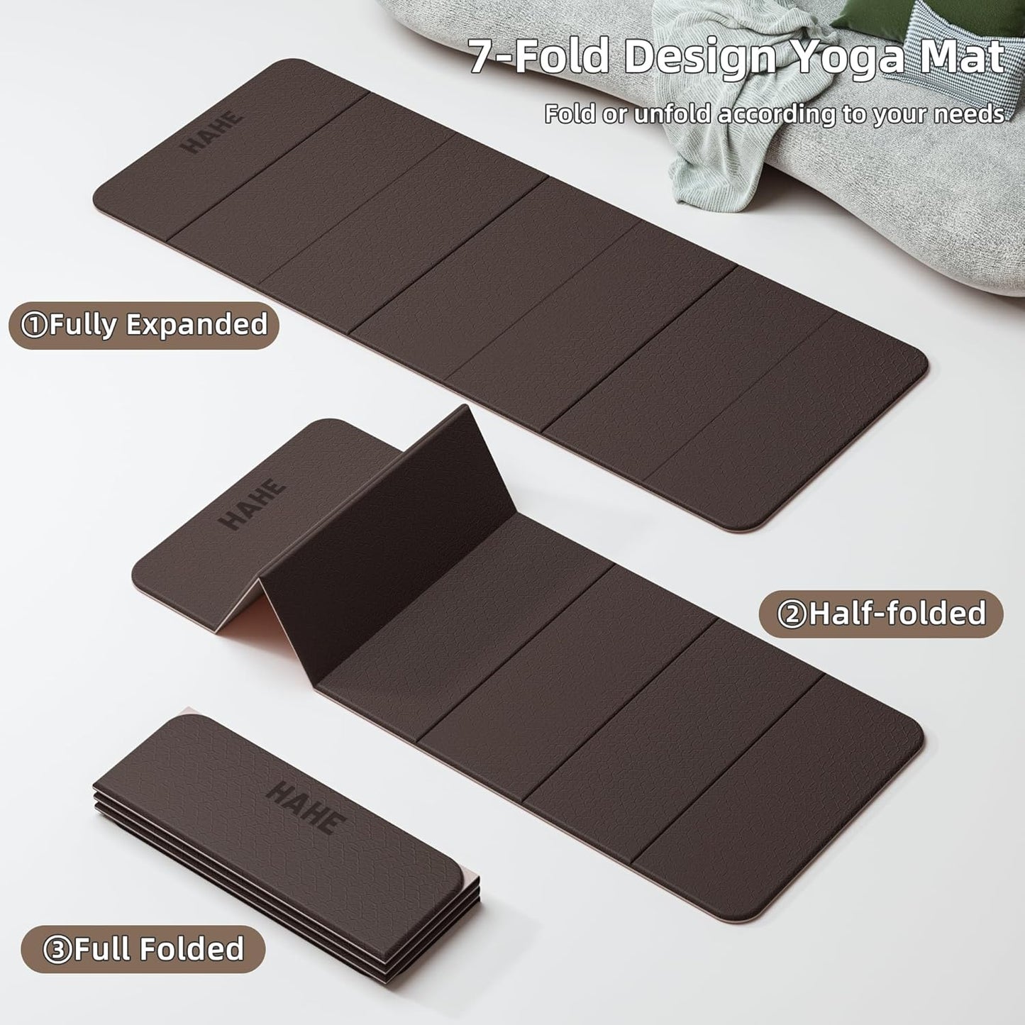 HAHE 7-Fold Design Extra Thick Yoga Mat 72"L x 24"W x 0.47",TPE Fitness Exercise Mats, Non-Slip Foldable Yoga Mat, High Density, Portable for Men & Women, Yoga, Pilates, Home Gym