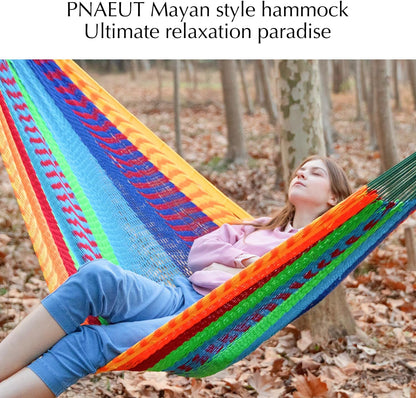 PNAEUT Handwoven Mayan Hammocks, Double Rope Hammock for Outdoor Outside & Indoor, Thick Soft 600 lbs Capacity Heavy-Duty, Includes Tree Straps, Carabiners & Carrying Bag (Nature, X-Large)