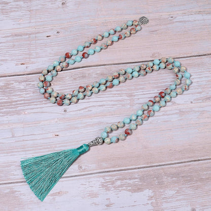 108 Mala Beads Necklace Semi-Precious Gem Stones Meditation Necklace 108 Hand Knotted Japa Mala Beaded Tassel Necklace with Tree of Life Pendant