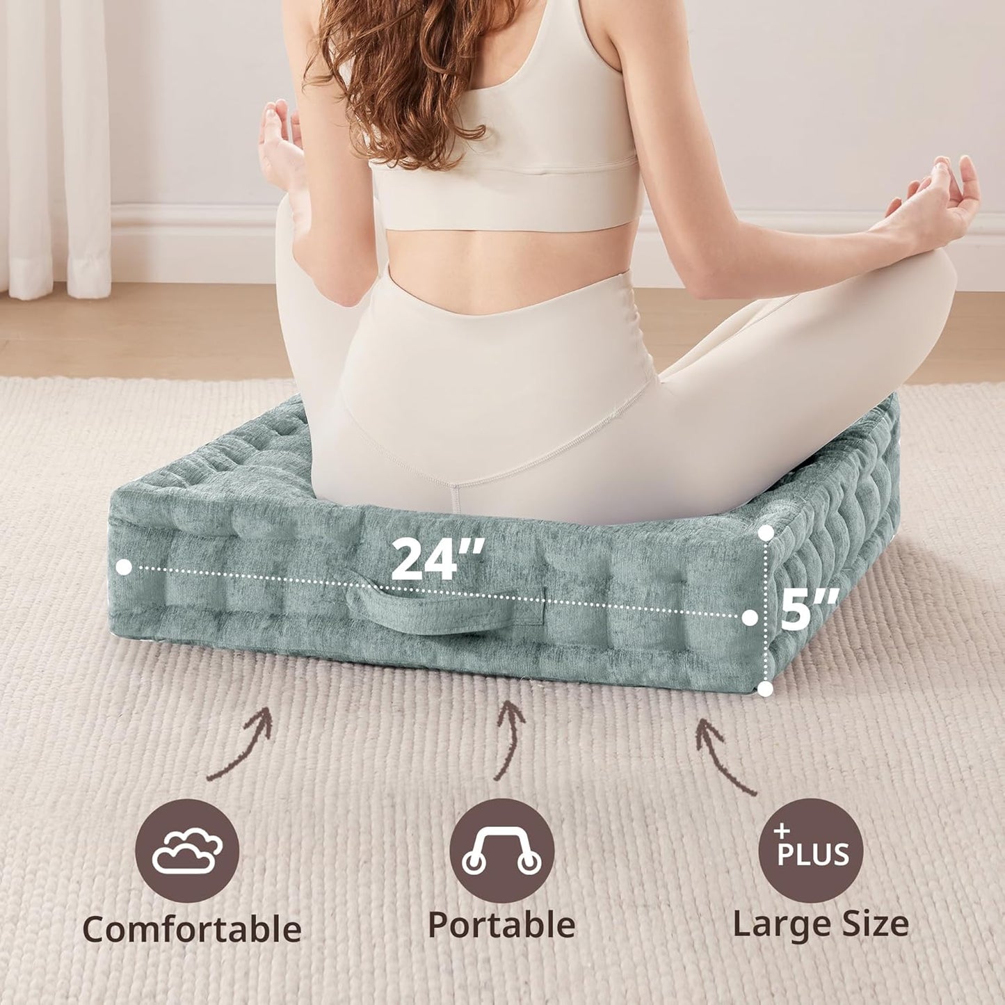 Intelligent Design Large Floor Pillow for Adults Yoga or Meditation Cushion with Handle, Floor Cushion for Board Games, Lustrous Chenille Tufted, Handsewn Scalloped Edge, Azza, 24" x 24" x 5" Yellow