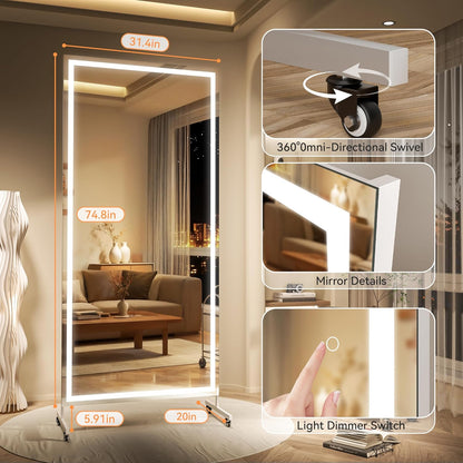 Hasipu Home Gym Mirror with Light 360° Swivel on Wheels, 79" x 32" Extra Large Full Length Rolling LED Mirror for Yoga Studio, Bedroom, Dancing Studio, White