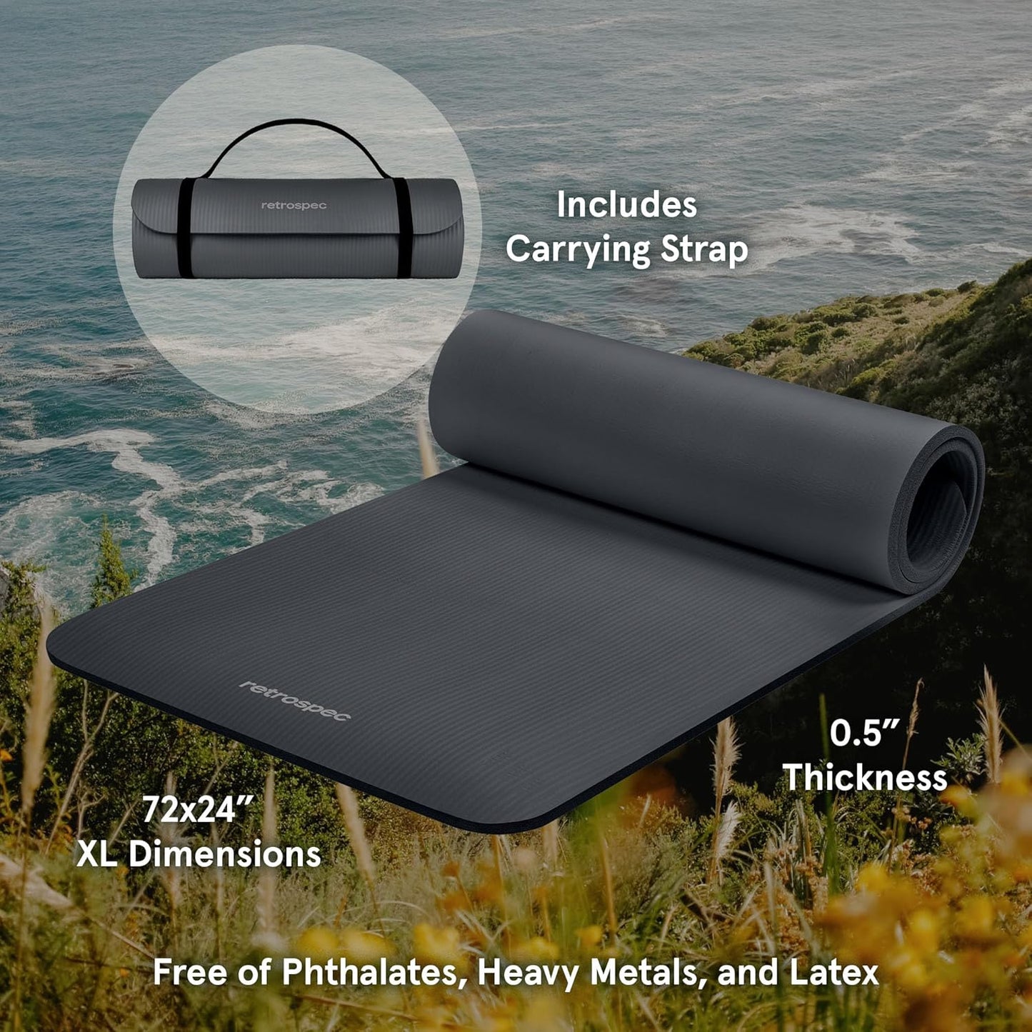 Retrospec Solana Yoga Mat Thick 1/2in Non-Slip Workout Mat with Nylon Strap - 72x24in Exercise Mat for Pilates, Stretching & Fitness - BPA Free, Easy Clean