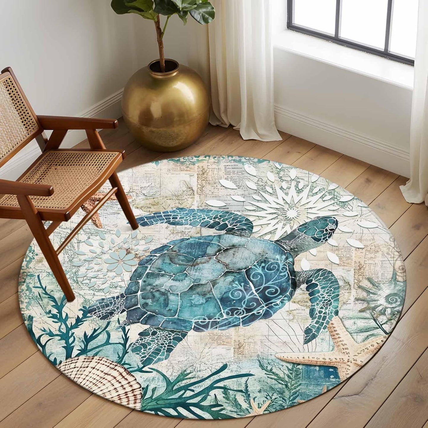 Libaoge Round Area Rugs 3 ft Indoor Aloha Mats Sea Turtle Ocean Animal Nautical Map Soft Living Room Bedroom Unique Carpet Woman Yoga Mat Home Decor