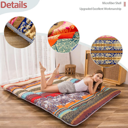 MAXYOYO Bohemian Retro Mattress Boho Floral Japanese Futon Mattress Tatami Floor Mat Foldable Portable Camping, Sleeping Pad, Lounger Couch Bed Full Size