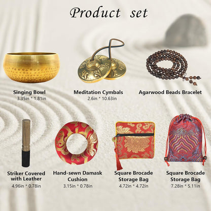 Artcome 7PCS Tibetan Meditation Set - Tibetan Singing Bowl & Tibetan Tingsha Cymbals Bells Handmade in Nepal for Meditation, Yoga, Tranquility, Relaxation, Chakra Healing, Stress Relief & Mindfulness