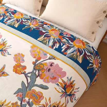 Boho Throw Blanket - 100% Cotton Soft Summer Throw Blanket for Bed, 50"x60" Reversible Breathable Lightweight Blankets, All Seasons Farmhouse Decor Floral Plant Butterfly Throw Quilt