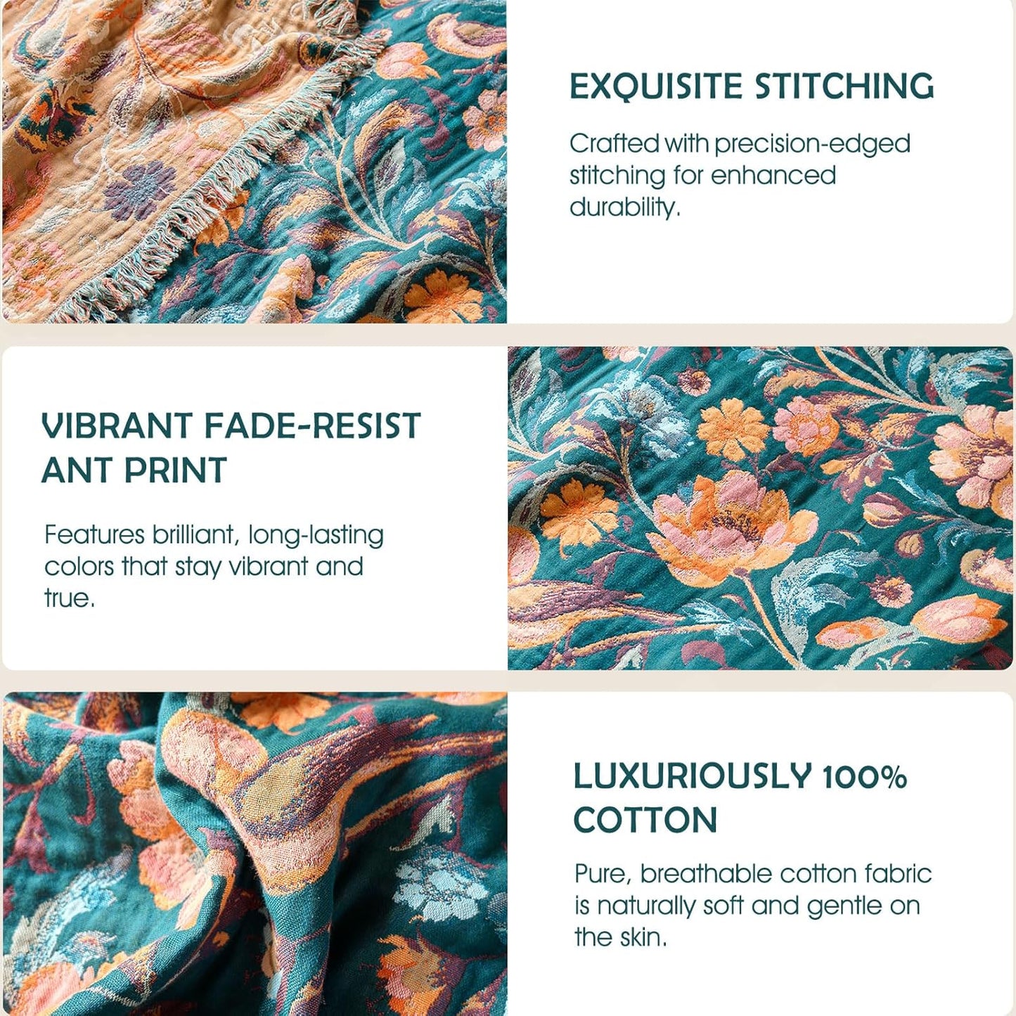 Boho Throw Blanket - 100% Cotton Soft Summer Throw Blanket for Bed, 50"x60" Reversible Breathable Lightweight Blankets, All Seasons Farmhouse Decor Floral Plant Butterfly Throw Quilt