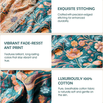 Boho Throw Blanket - 100% Cotton Soft Summer Throw Blanket for Bed, 50"x60" Reversible Breathable Lightweight Blankets, All Seasons Farmhouse Decor Floral Plant Butterfly Throw Quilt
