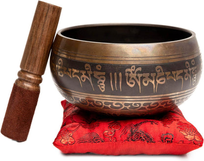 Premium Tibetan Singing Bowl Set – Handmade in Nepal Sound & Meditation Bowl – Spiritual Decor for Yoga, Wellness Spaces & Relaxation by Himalayan Bazaar (Brown & Red)