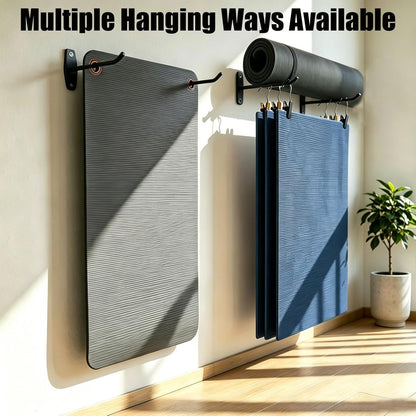 Yoga Mat Wall Mount Hanger ,Metal Yoga Mats Storage Rack, Home Gym Storage with 8 Clips, No-Roll Flat Storage for Folded/Rolled Mats, Foam Rollers, Towels, Resistance Bands, Black Wall Organizer for Gym, Yoga Studio, Bedroom