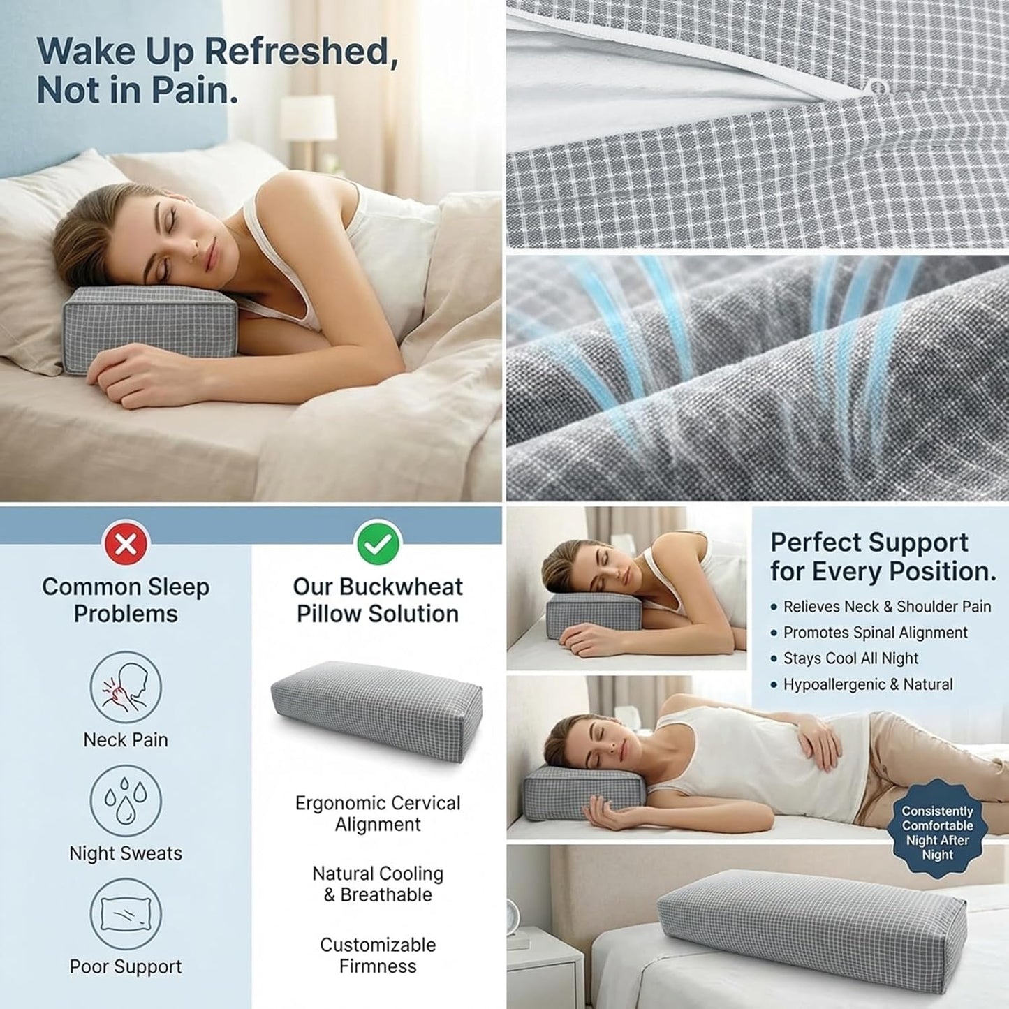 Adjustable Buckwheat Hull Pillow for Neck Pain Relief (21x8x4in) Natural Cooling Cervical Support Organic Pillow for Side & Back Sleepers with Night Sweats (Grey)