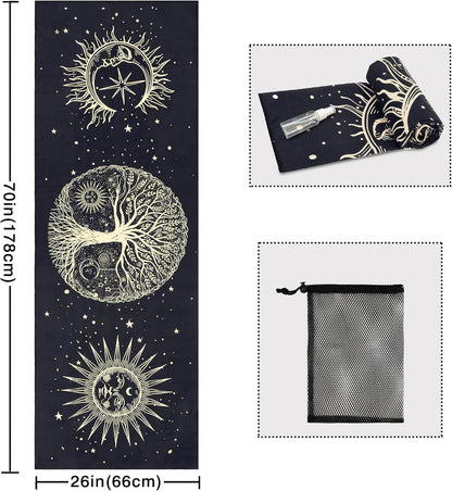 Yoga Mat Towel with Corner Pockets - Microfiber Yoga Towels for Hot Yoga Non Slip Moisture Wicking Sweat Absorbent, Tree of Life Yoga Towel Easy for Travel, Use in Hot Yoga,Bikram,Pilates and Fitness
