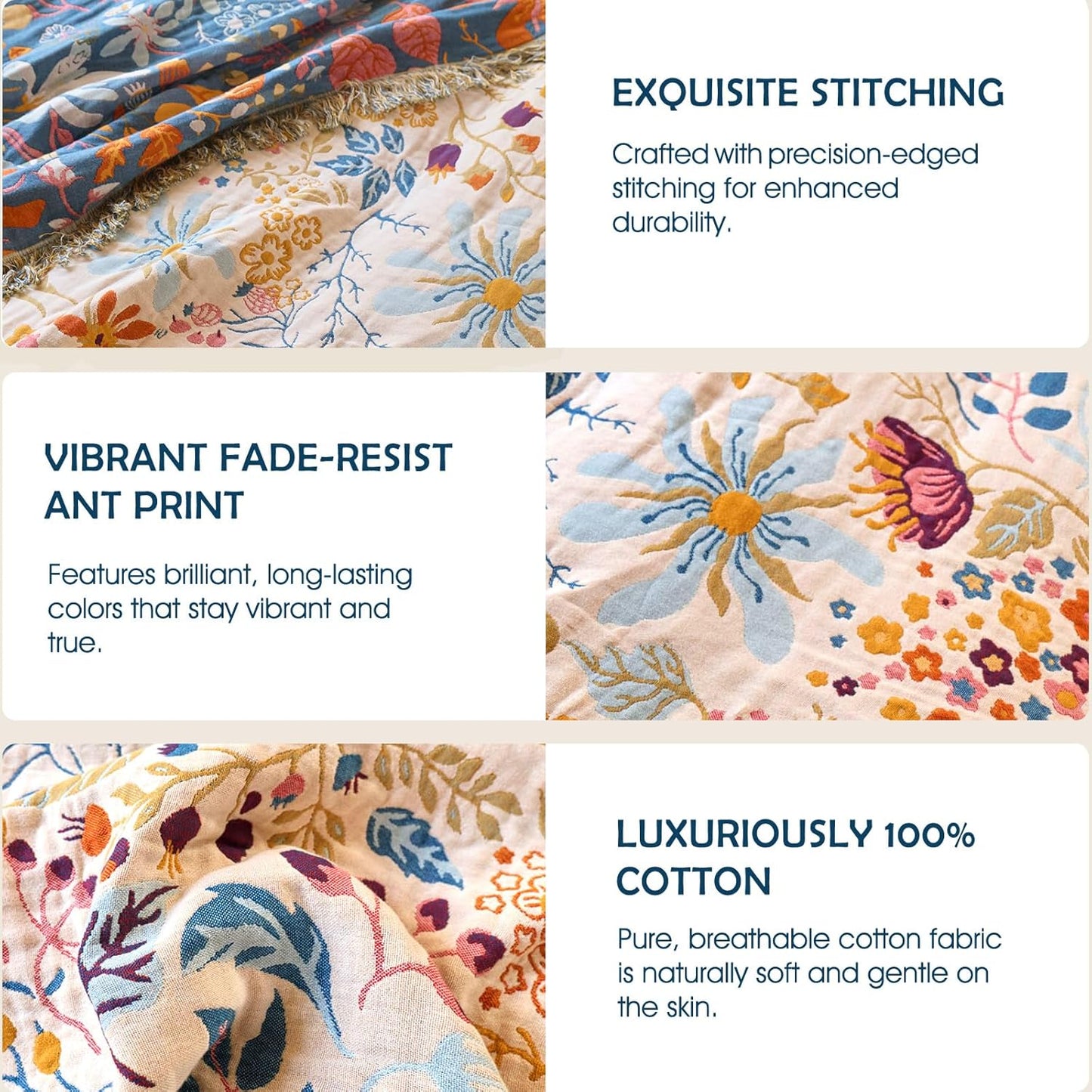 Boho Throw Blanket - 100% Cotton Soft Summer Throw Blanket for Bed, 50"x60" Reversible Breathable Lightweight Blankets, All Seasons Farmhouse Decor Floral Plant Butterfly Throw Quilt