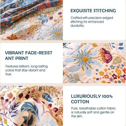 Boho Throw Blanket - 100% Cotton Soft Summer Throw Blanket for Bed, 50"x60" Reversible Breathable Lightweight Blankets, All Seasons Farmhouse Decor Floral Plant Butterfly Throw Quilt