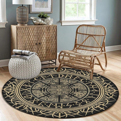 Soft Round Yoga Carpet, Large Home Decor Mat, Non-Slip Machine Washable Kitchen Office Circle Rug Compatible with Cool Norse Viking Vegvisir Runic Compass