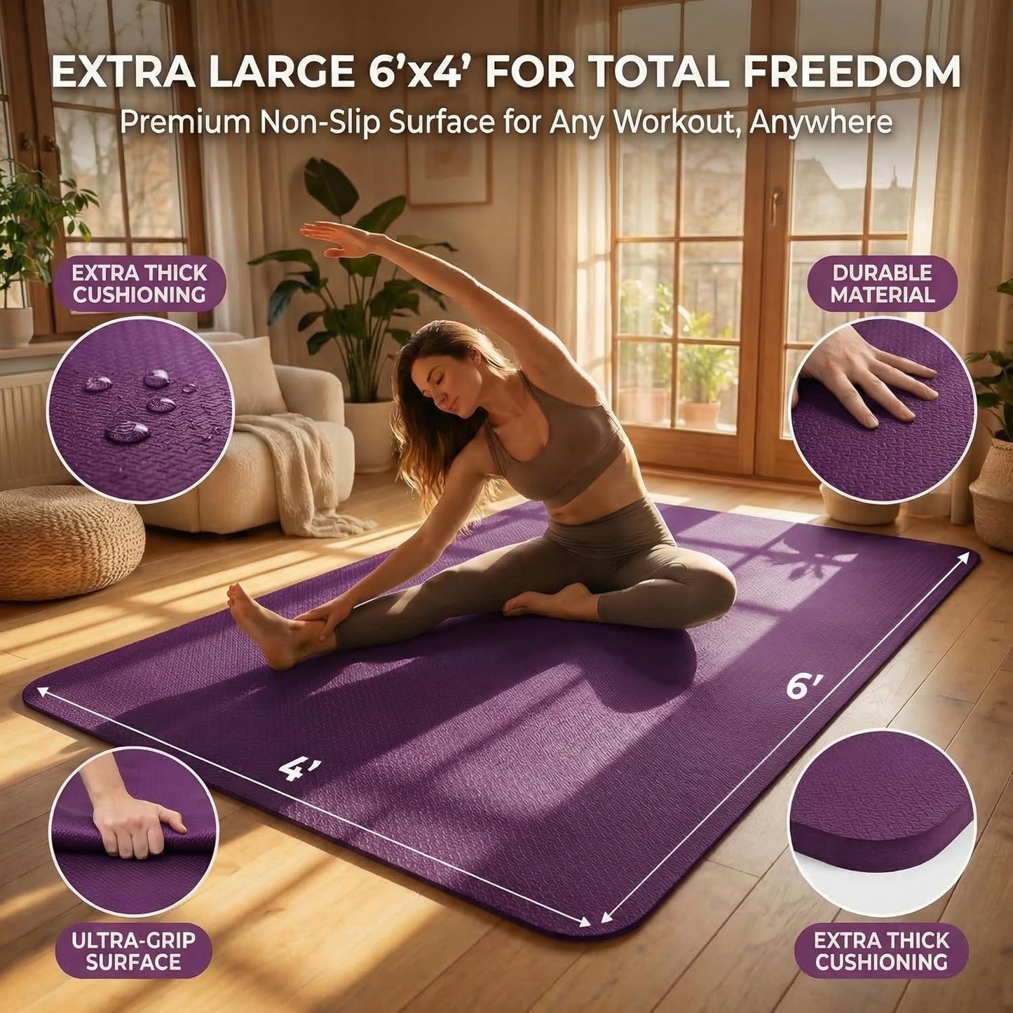 FrenzyBird Large Yoga Mat 6'x 4'（72”x 48”）—1/4" &1/3" Extra Wide Exercise Mat 183cm x 122cm Large Exercise Mat Big Home Yoga Mat Pilates Mat,Non Slip,Thick,TPE Workout Mat,for Women & Men, Yoga, Pilates, Gym and Floor Workouts Pilates