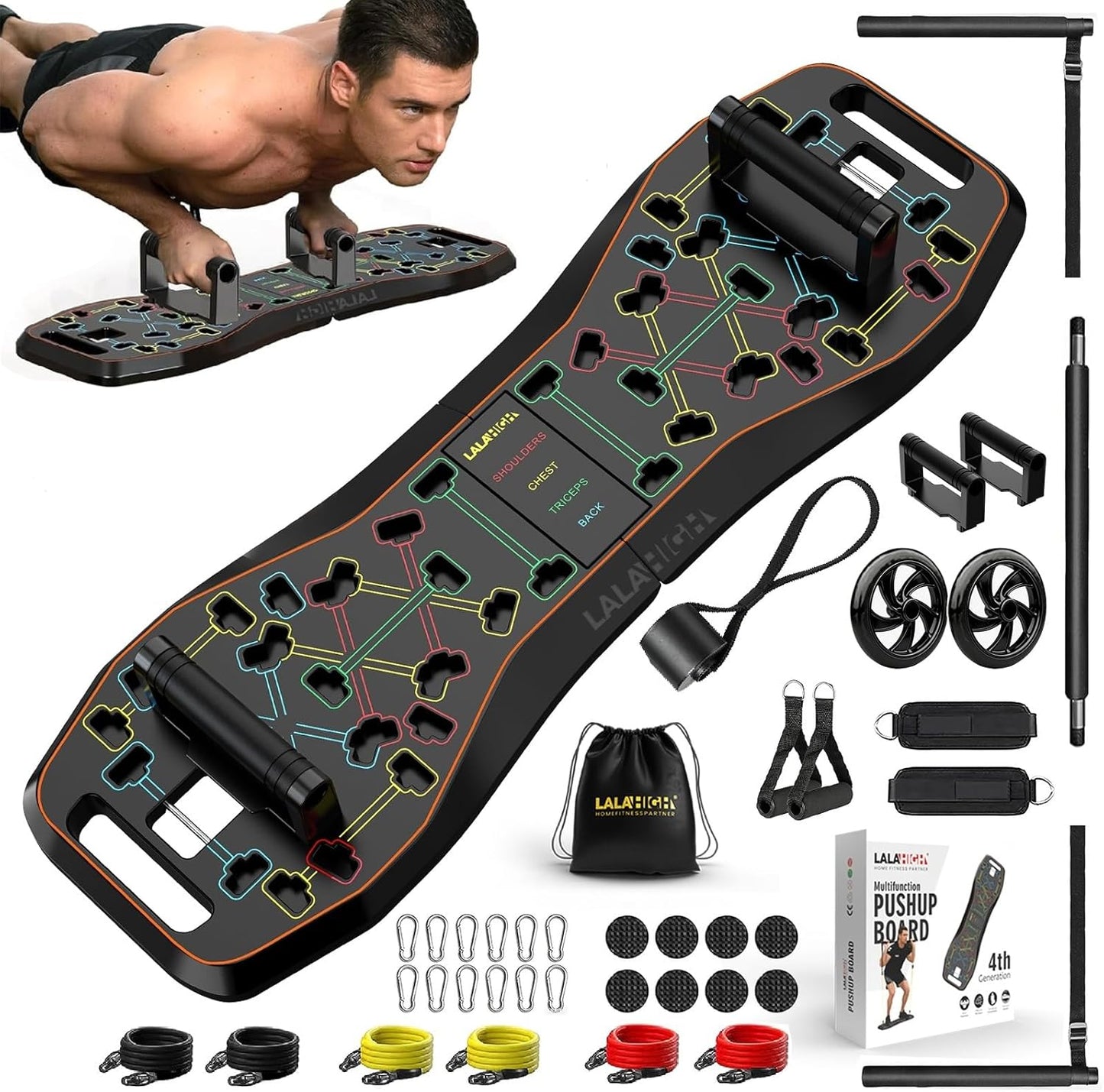 LALAHIGH Push Up Board,36 in 1 Home Gym Equipment with Ab Roller Wheel & Resistance Bands, Portable Foldable Workout Board for Full Body Strength Training Men Women,Gift for Boyfriend