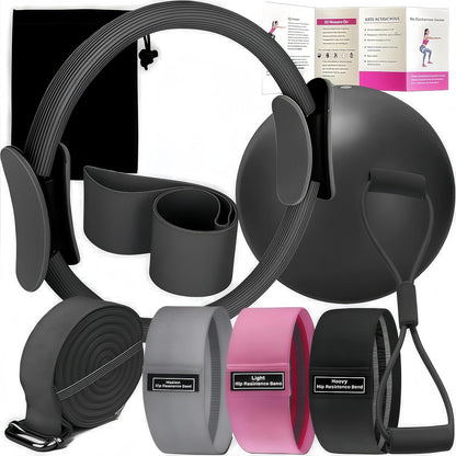 Pilates Set – Home Pilates Equipment for Women Kit with Magic Circle Pilates Ring and Ball Set, Resistance Bands & Massage Balls & Exercise Bands for Toning，Flexibility & Core Strength