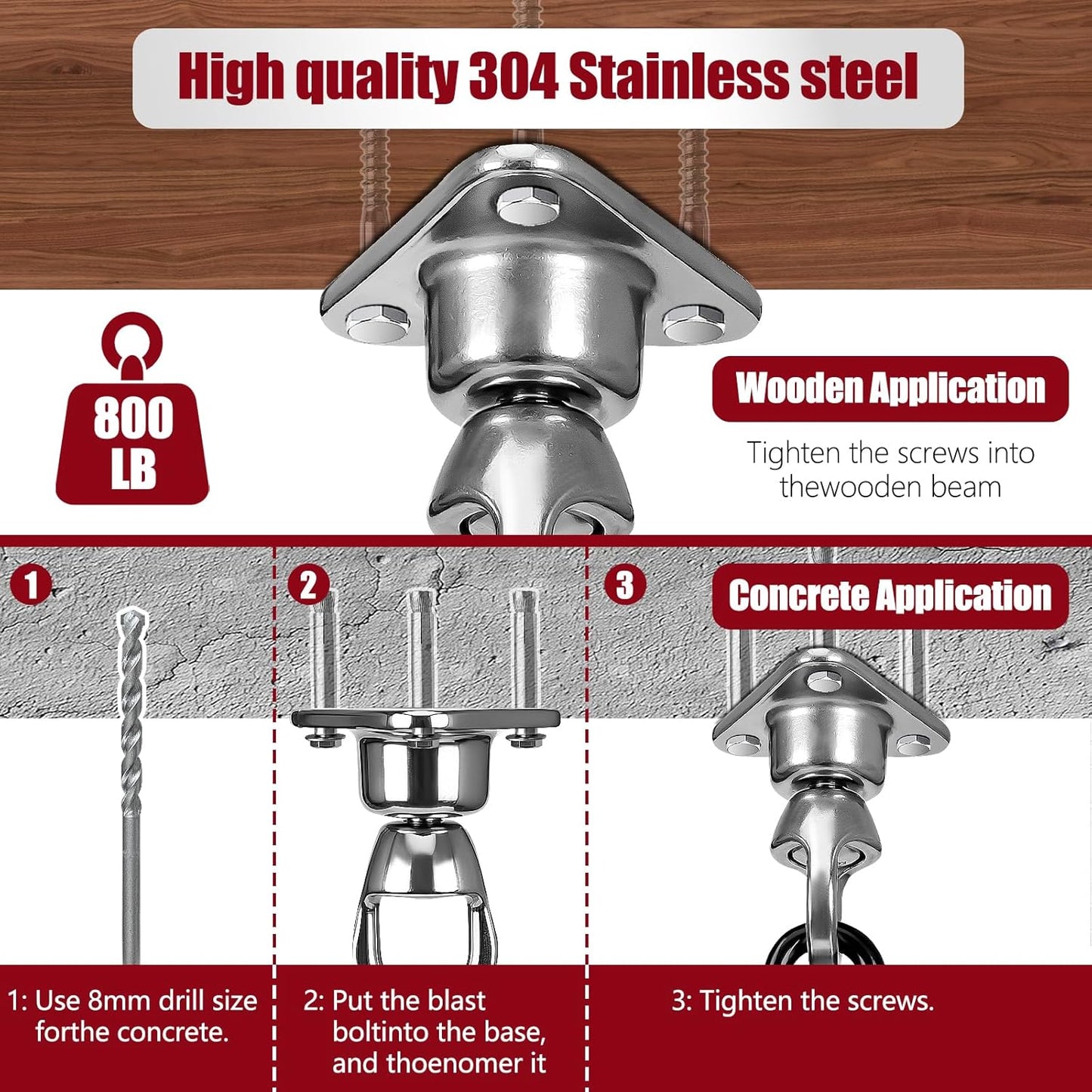 Heavy Bag Hanger,Stainless Wall Ceiling Mount Hook 180°/360° Rotation Wood Beam Holder Body Weight Strength Training Systems, Aerial Yoga Swing & Hammock