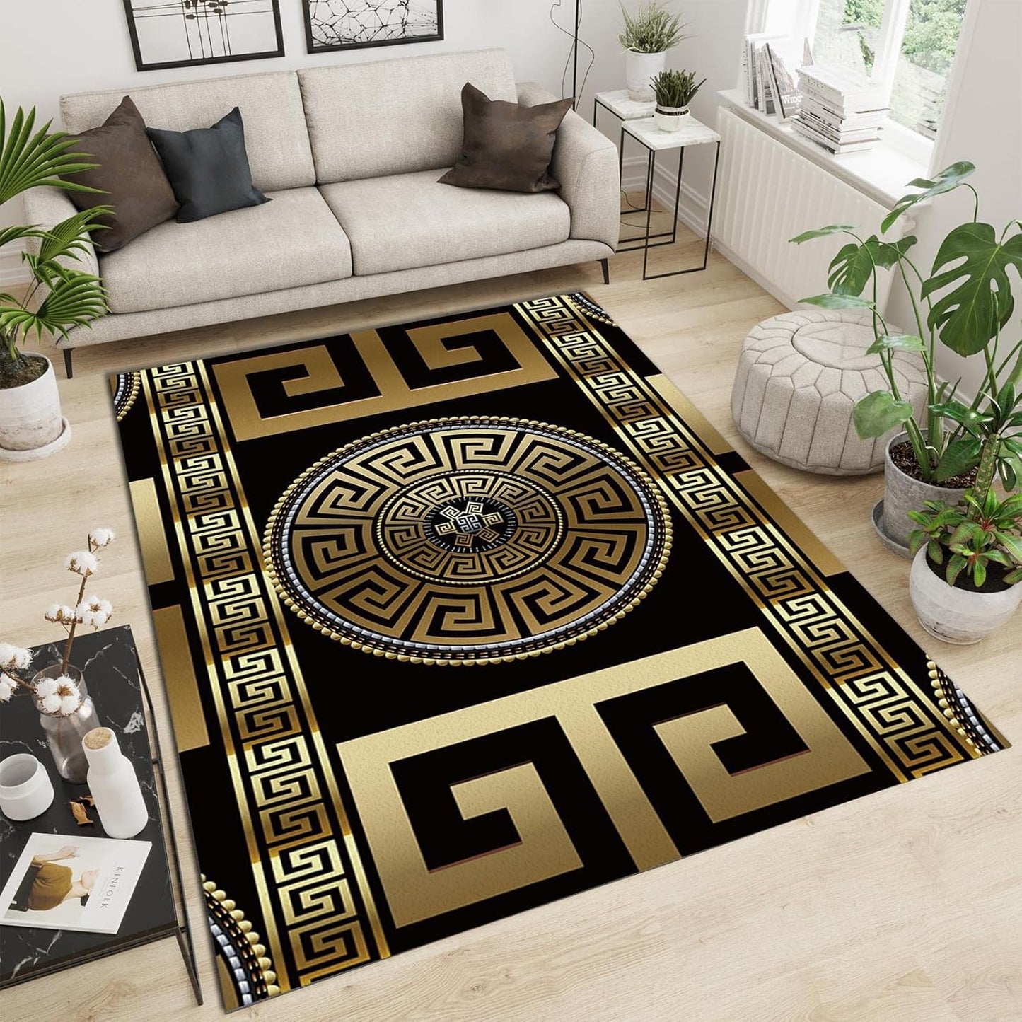 Retro Black Gold Greek Key Meander Area Rugs, 3D Geometric Gold Print Living Room Decor Rug, Soft Machine Washable for Hotel Home Decor Doormat Entrance Hall Yoga Room Patio, 5ft x 6ft