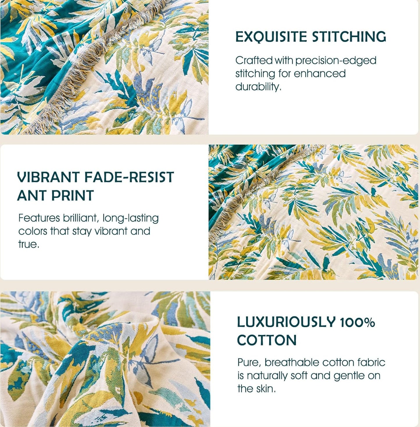 Boho Throw Blanket - 100% Cotton Soft Summer Throw Blanket for Bed, 50"x60" Reversible Breathable Lightweight Blankets, All Seasons Farmhouse Decor Floral Plant Butterfly Throw Quilt