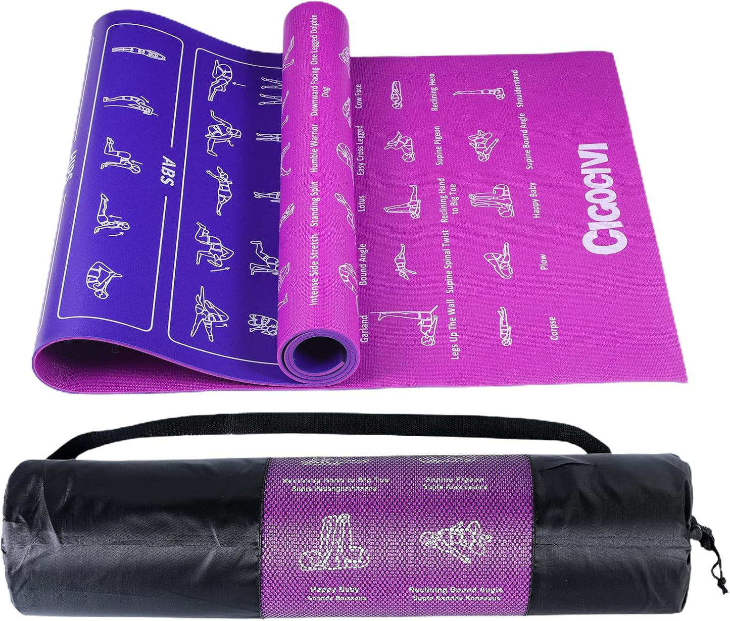 Instructional Travel Yoga Mat with 75 Asanas Poses & Exercises - Exercise Mat for Home Workout, Includes Carrying Bag, 68"x24"x0.25"