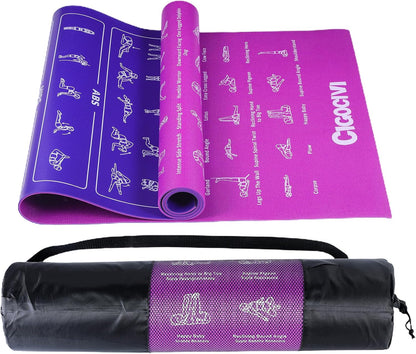 Instructional Travel Yoga Mat with 75 Asanas Poses & Exercises - Exercise Mat for Home Workout, Includes Carrying Bag, 68"x24"x0.25"