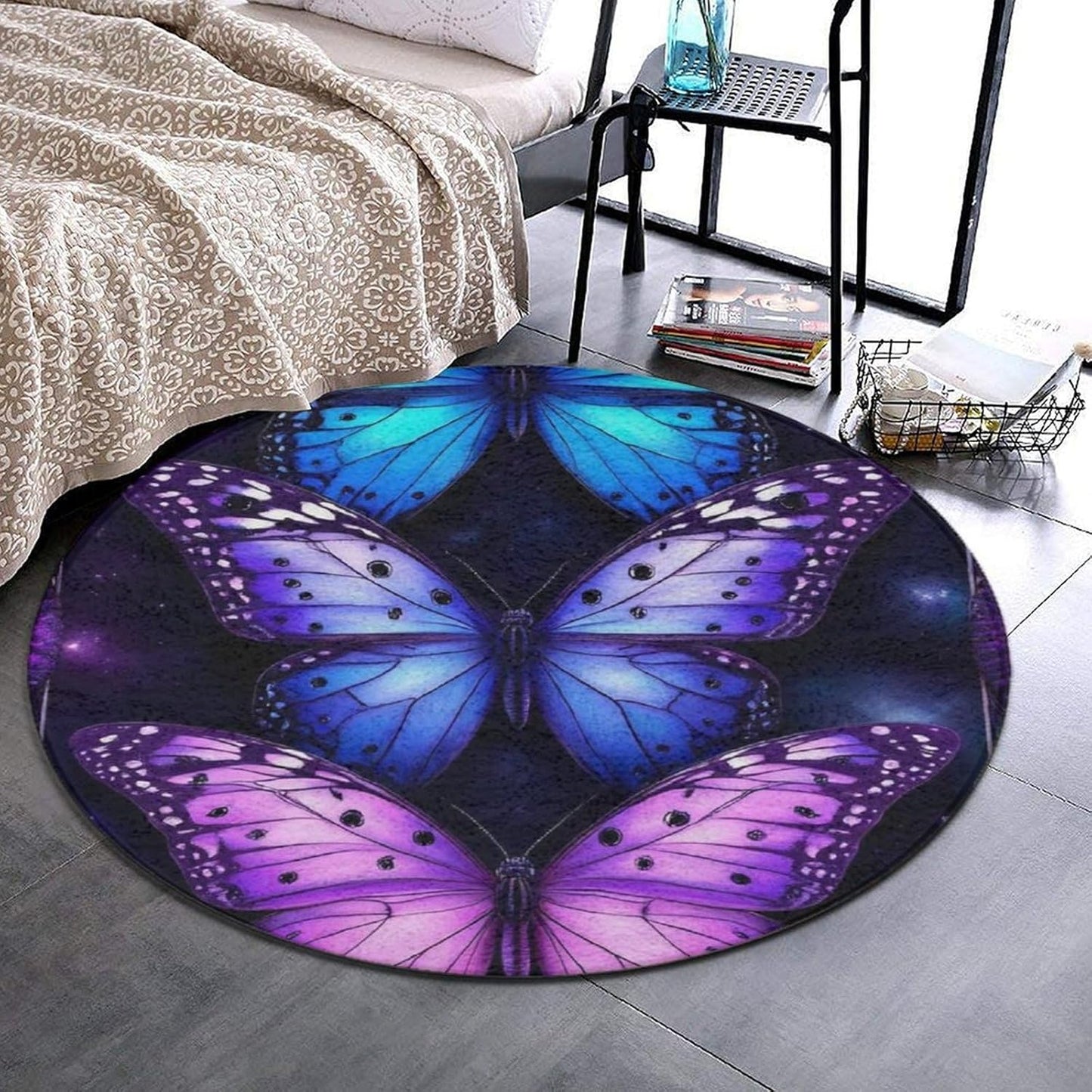 Soft Round Yoga Carpet, Office Chair Decor Round Mat for Carpet and Hardwood Floors Purple Butterfly