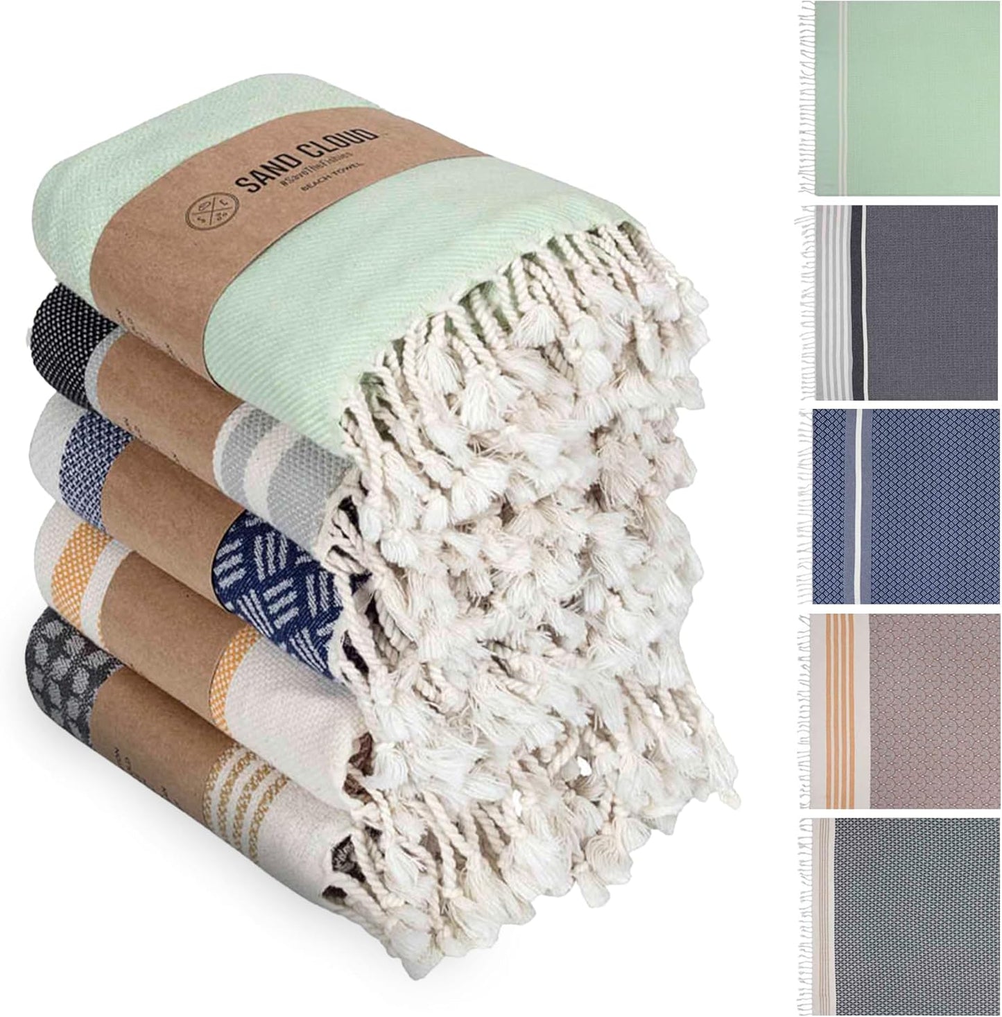 Sand Cloud Turkish Beach Towel - 100% Organic Cotton Turkish Bath Towels - Ultra Soft, Sand Resistant & Quick Dry Towel for Beach or Pool - As Seen on Shark Tank - Cali Dobby (4 Pack Assorted)