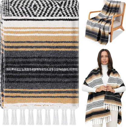 Oudain Mexican Blanket Woven Authentic Cotton Falsa Throw 45 x 70 Inch – Authentic Baja Serape Saddle Blanket Outdoor for Restorative Yoga, Beach, Picnic, Couch, Car Travel(Coastal Calm)