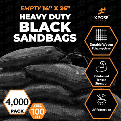 Xpose Safety Heavy Duty Sand Bags with Tie Strings – Empty Woven Polypropylene Sandbags for Hurricane Flood Protection, 100 lb Capacity, 14" x 26", Black, Pack of 10