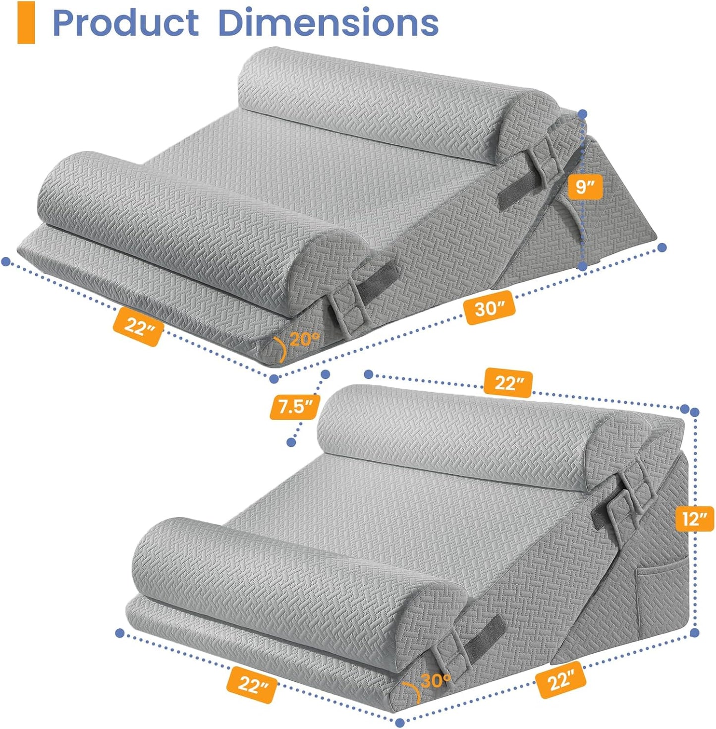 Sasttie Wedge Pillow Set for After Surgery, 2PCS Adjustable Bed Wedge Pillow Headboard with Memory Foam Neck Cushion – for Acid Reflux, Sleeping, Neck & Back Support, Dark Grey