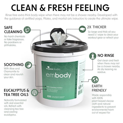 Wipex Embody Body Wipes - Large Plant-Based Cloth with Tea Tree Oil for Quick Clean Up, Ideal for Athletes, Yoga, Gym, Wrestling, Team Sports & Adults, Fitness Equipment Cleaner, 225 Count